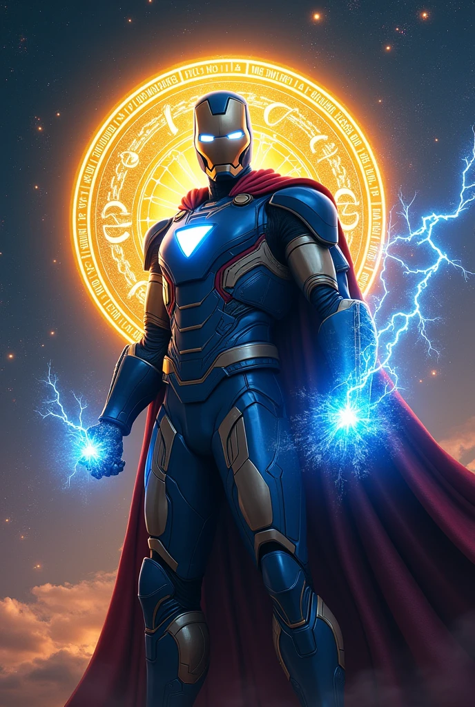 Combined super hero, with iron man, thor,dr strange,
Helmet on , armor only, space background,blue lightning in right hand, , no cape collar, yellow spell circular design with sanskrit writing behind like in movies
Helmet design like mark 50 iron man armor