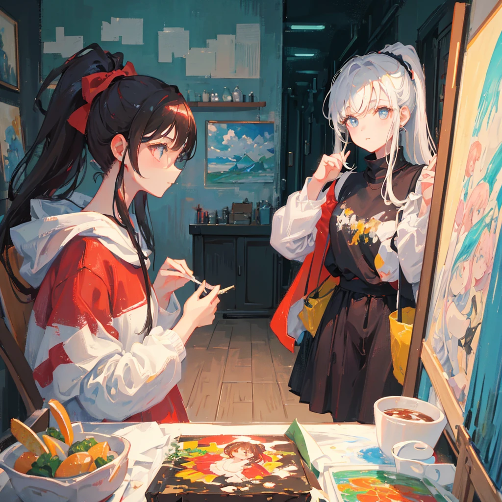 In the center of the screen is a painting.，The painting depicts a girl with a white high ponytail.、A girl in a red sweatshirt，Her pupils are grayish-white，Outside the painting, a girl identical to the one in the painting is admiring it.