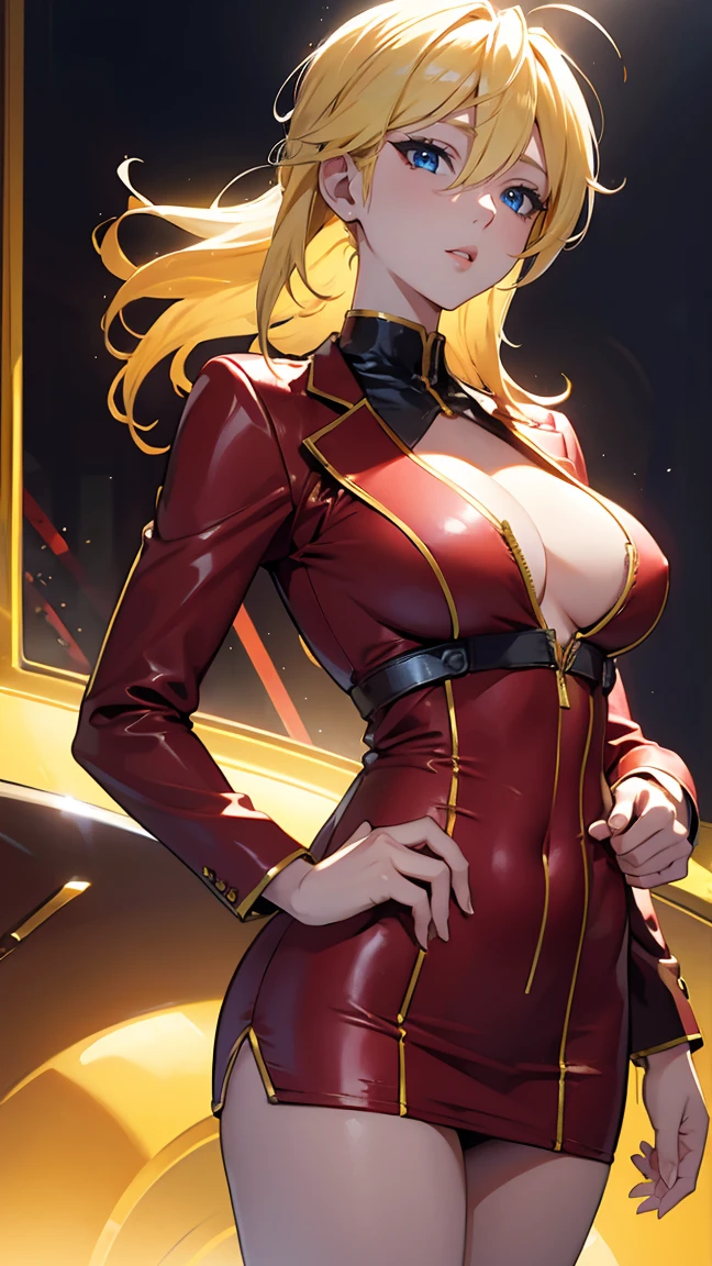 Yellow Hair、sunny,Suit with open chest,mini skirt,Red glossy outfit, Tight suit, Beautiful Face, Detailed lips,