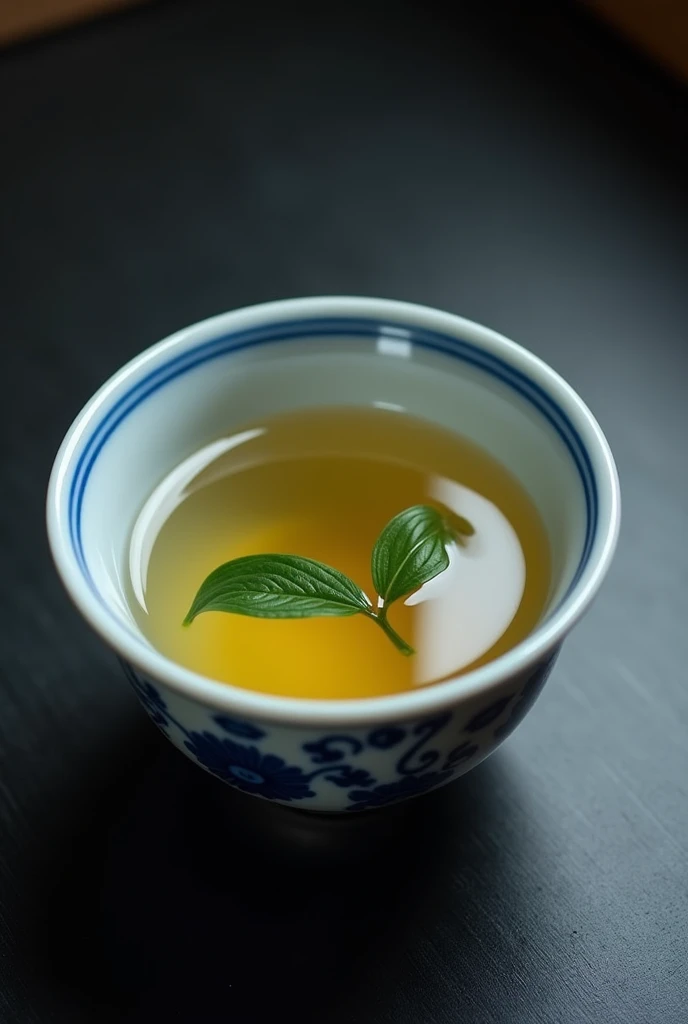 The camera looks down from directly above at a Chinese high mountain tea with one wick and two leaves brewing in a Chinese blue and white porcelain teacup.，((Right beneath the surface, You can see a single bud and two leaves of Chinese high mountain dry tea, which has been dried and then moistened, floating in the water.)),simple，Movie Lighting，专业photography，Studio Lighting，Black desktop background，photography，Intricate details，Ultra Detail，Hyper-photorealism，8K Ultra HD （（Top-down view，Top view, bird's eye view））