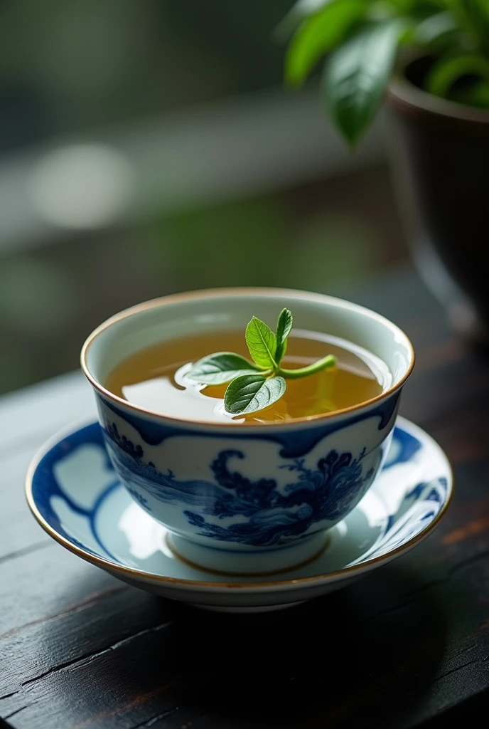 The camera looks down from directly above at a Chinese high mountain tea with one wick and two leaves brewing in a Chinese blue and white porcelain teacup.,((Right beneath the surface, You can see a single bud and two leaves of Chinese high mountain dry tea, which has been dried and then moistened, floating in the water.)),simple,Movie Lighting,专业photography,Studio Lighting,Black desktop background,photography,Intricate details,Ultra Detail,Hyper-photorealism,8K Ultra HD ((Top-down view,Top view, bird's eye view))