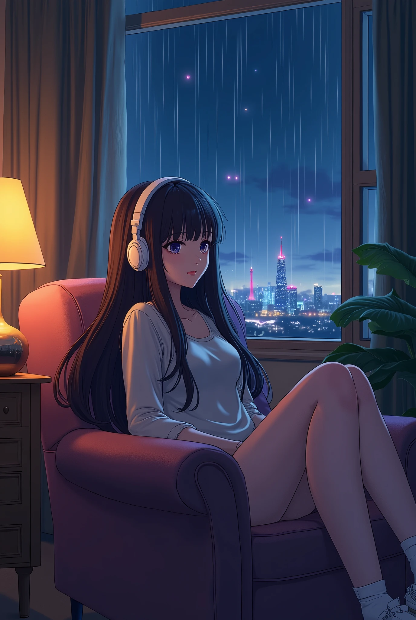 night、Listen to music in a cozy room, Use headphones, 2D Style Anime, Rain outside the window、Analog Color Theme、Ghibli style、neon, naked, completly naked, close, Detailed Background, Chill, Detailed outdoor, Detailed face, City lights, Long Hair, smile、More anime-like