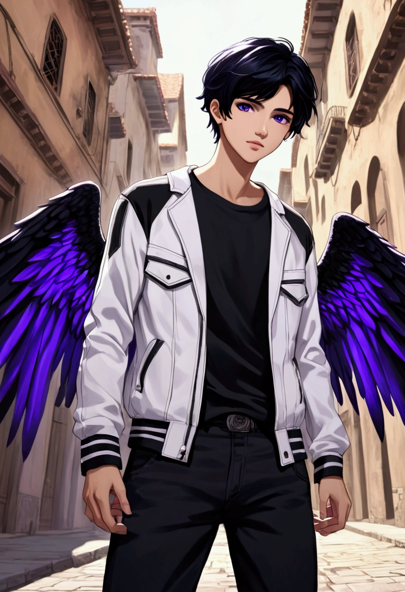 Chico, sixteen years old, with black hair and purple eyes., Wearing a black t-shirt, A white jacket with blue details., Black pants, and a purple mark. It has the power to clone itself and has black angel wings..