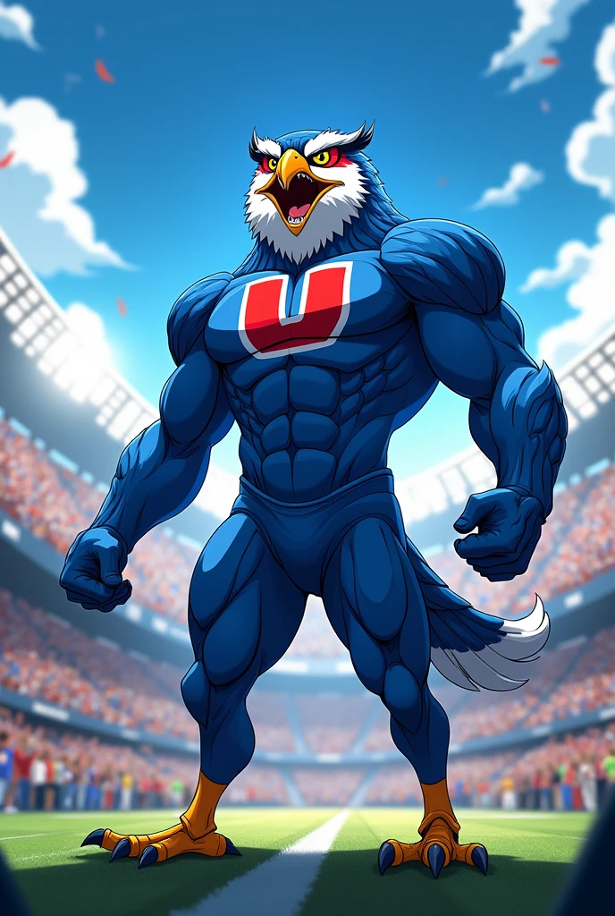  Owl, man body, anime style, The color blue, with a big U on its chest, red in color, muscular, shouting goal in a football stadium 