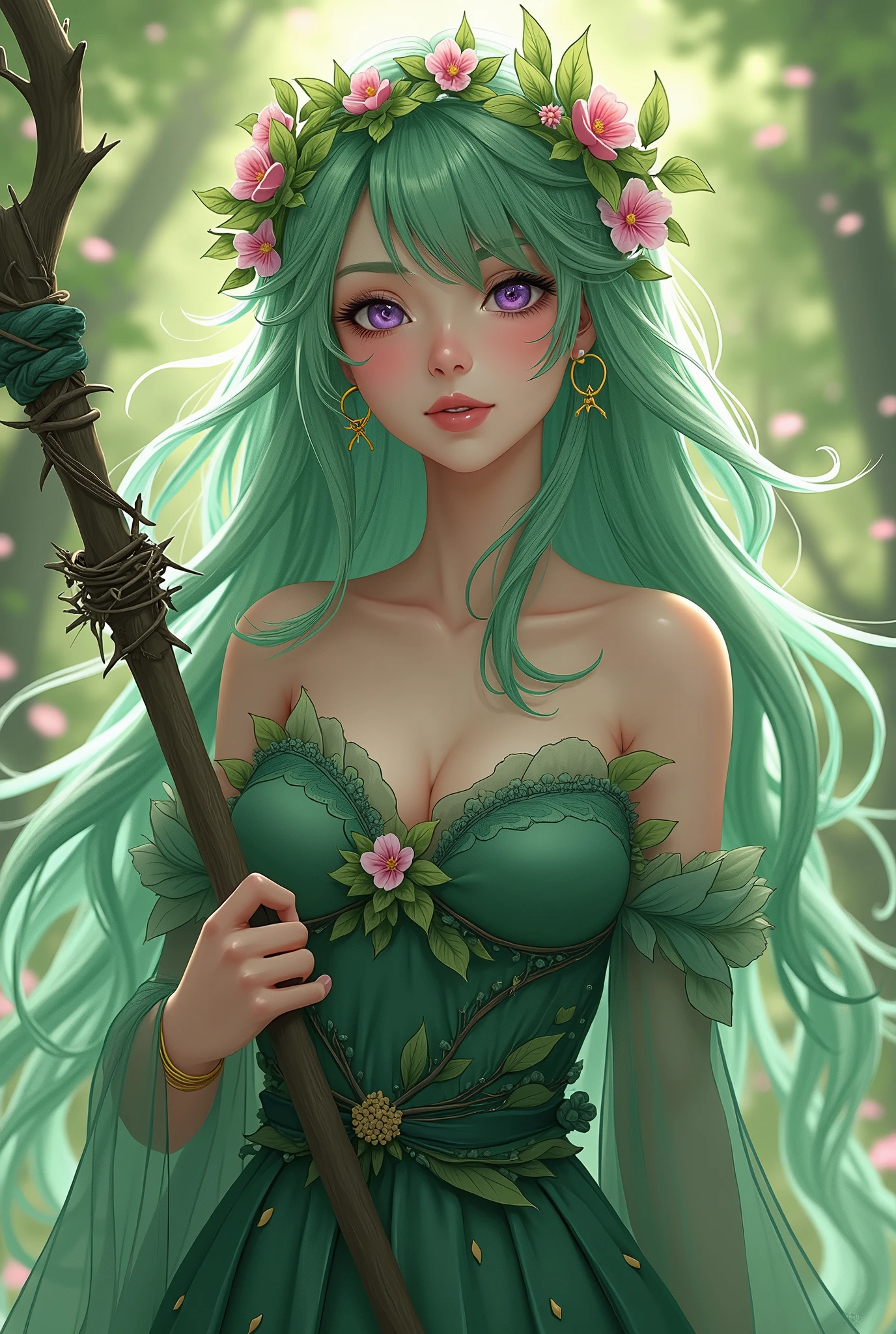 "4K anime style quality, digital drawing mode, European folklore-themed anime female character, long flowing emerald hair with delicate flowers, gentle violet eyes, wearing a gown made of leaves and petals, holding a staff of thorns, Blur the background to create a three-dimensional effect, atmosphere, standing in an enchanted kingdom uniting fairy factions, radiant skin, flowing hair, glossy lips, regal eyes, full body, dynamic pose, life size, perfect anatomy, detailed skin texture, full HD, 4K, HDR, perfect anatomy, depth of field."