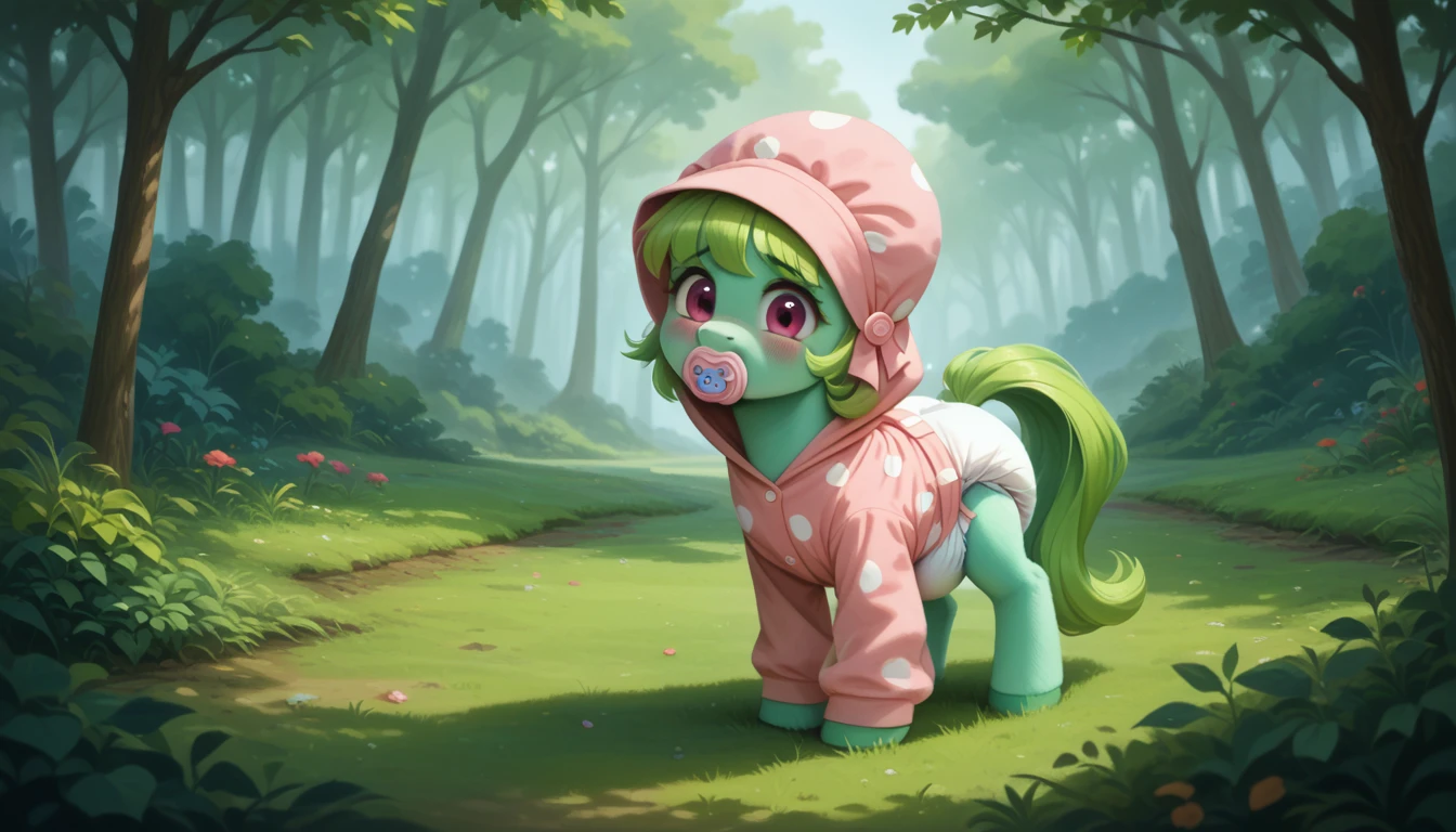 pony, Pegasus, adult mare, emerald green fur, a lush mane, gathered into an adult size bonnet, bushy tail, stands on four hooves, rear hooves spread wide apart, wearing an adult-sized  onesie and booties, pacifier in mouth, solo, thick diaper under clothes, pink blush on cheeks, Embarrassment, Awkwardness. 