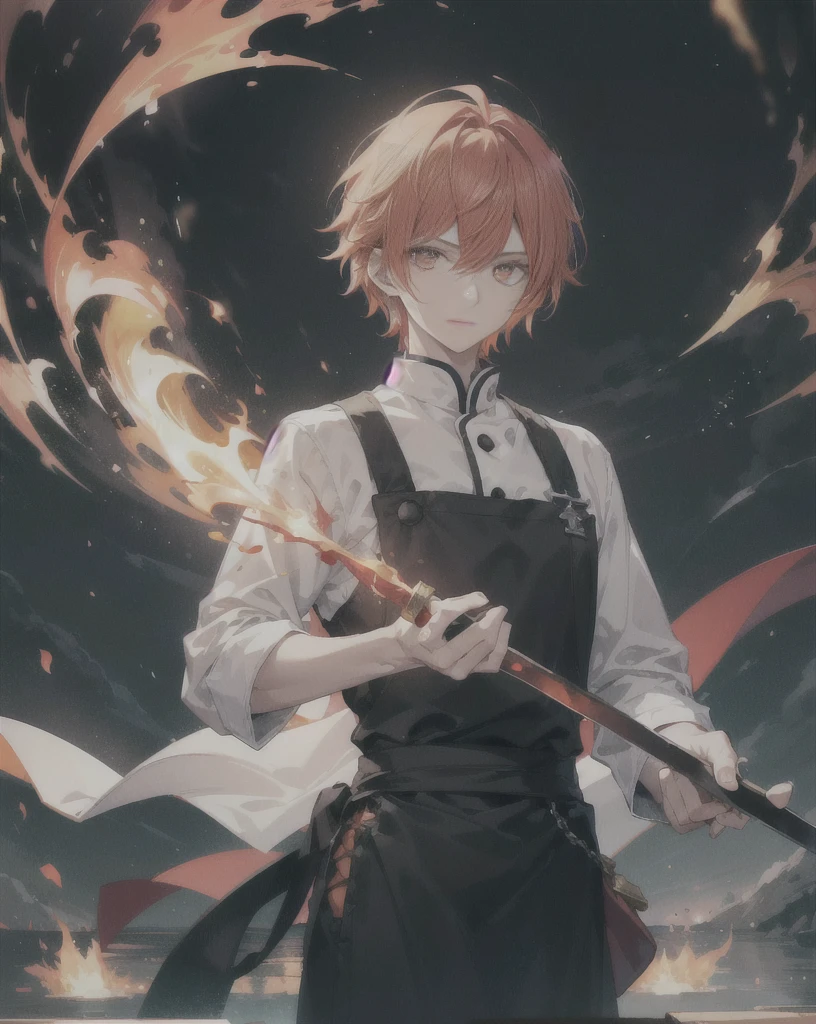 23-year-old male, 180cm tall, androgynous beauty, sharp golden eyes, short messy flame-red hair with a single vibrant red streak, medium build, ethereal appearance, wearing a disheveled black dress shirt with rolled-up sleeves, black skinny pants, holding a chef's knife surrounded by magical flames, sword master, various floating cooking utensils emitting sparks and embers, large orange paper umbrella behind head creating a halo effect, twilight sky background, reflective water surface, detailed anime style illustration, intense expression with slight smile, hidden power aura, culinary magic theme, fire and sparks swirling around the character