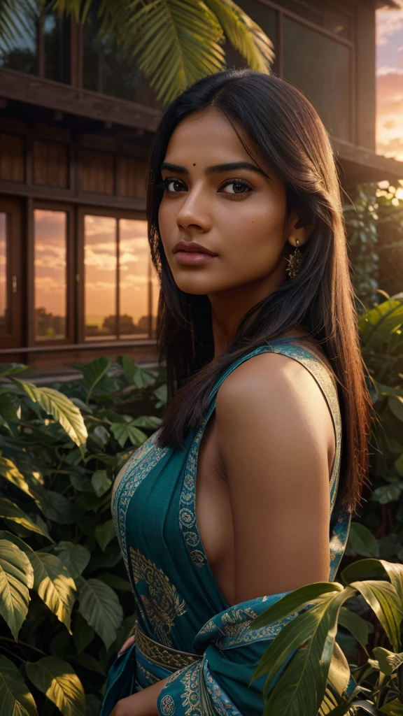 a beautiful indian looking woman with a round face and long hair, outdoor scenery, cloudy sky, sunset, a building with a sign, plants and bushes, (best quality,4k,8k,highres,masterpiece:1.2),ultra-detailed,(realistic,photorealistic,photo-realistic:1.37),HDR,UHD,studio lighting,ultra-fine painting,sharp focus,physically-based rendering,extreme detail description,professional,vivid colors,bokeh,portrait,landscape,cinematic lighting