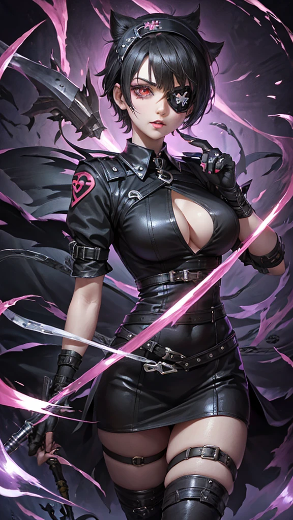 A beautiful girl wearing a black punk nurse outfit()A short-haired girl with black hair wearing an eyepatch with a heart mark on one eye, her mouth slightly open, seductively looking at you.