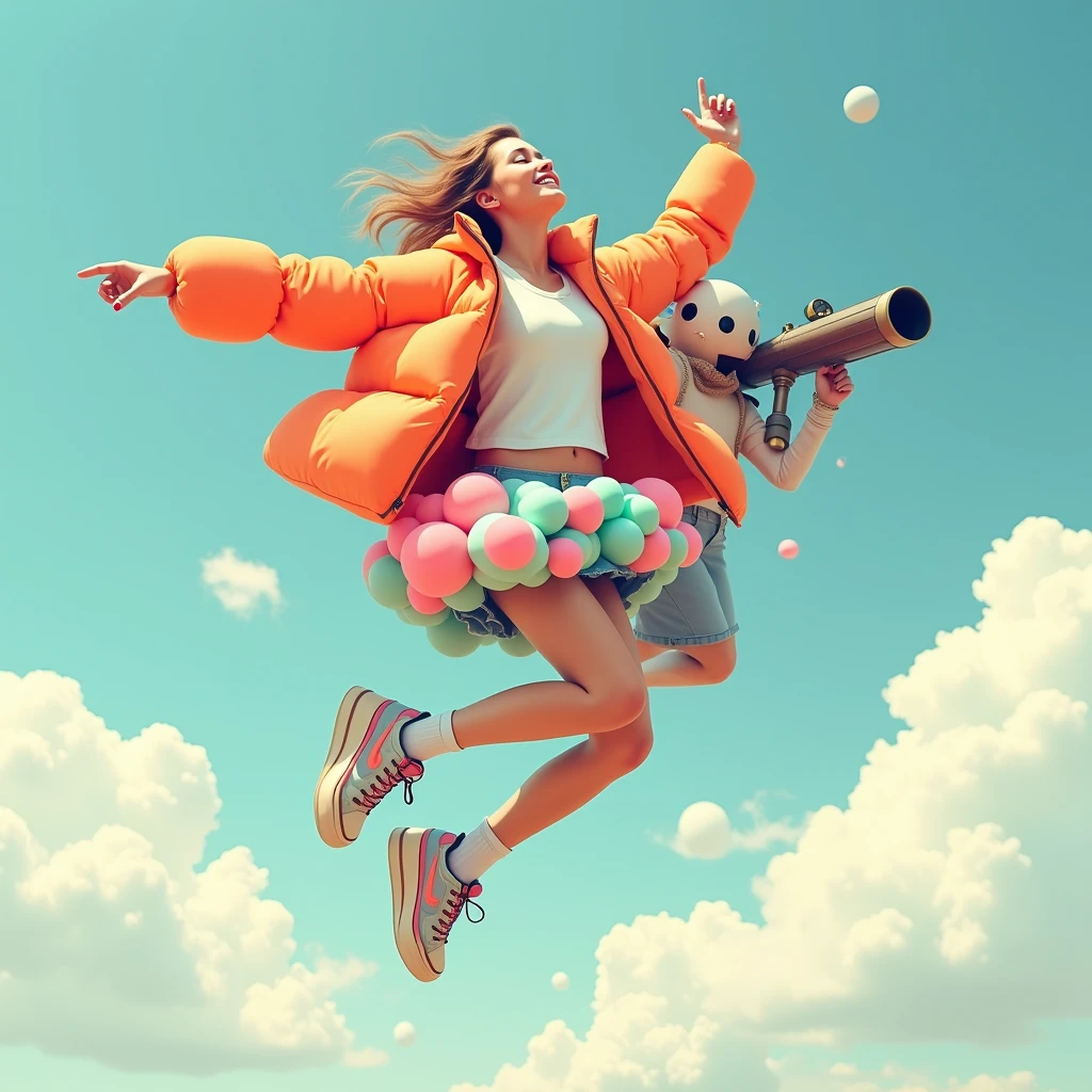 The person is jumping。
Wearing a balloon suit、They are flying with the wind。
She's wearing a light orange jacket。
The zipper is open and a rainbow can be seen on the inside.。He's wearing large sneakers。jumping towards a bright future, their eyes shining with anticipation for what lies ahead。
She's wearing a short skirt。The skirt has many spheres on it, and it looks soft。
On her head is a telescope that seems like it can see far away。
The hair is long。
