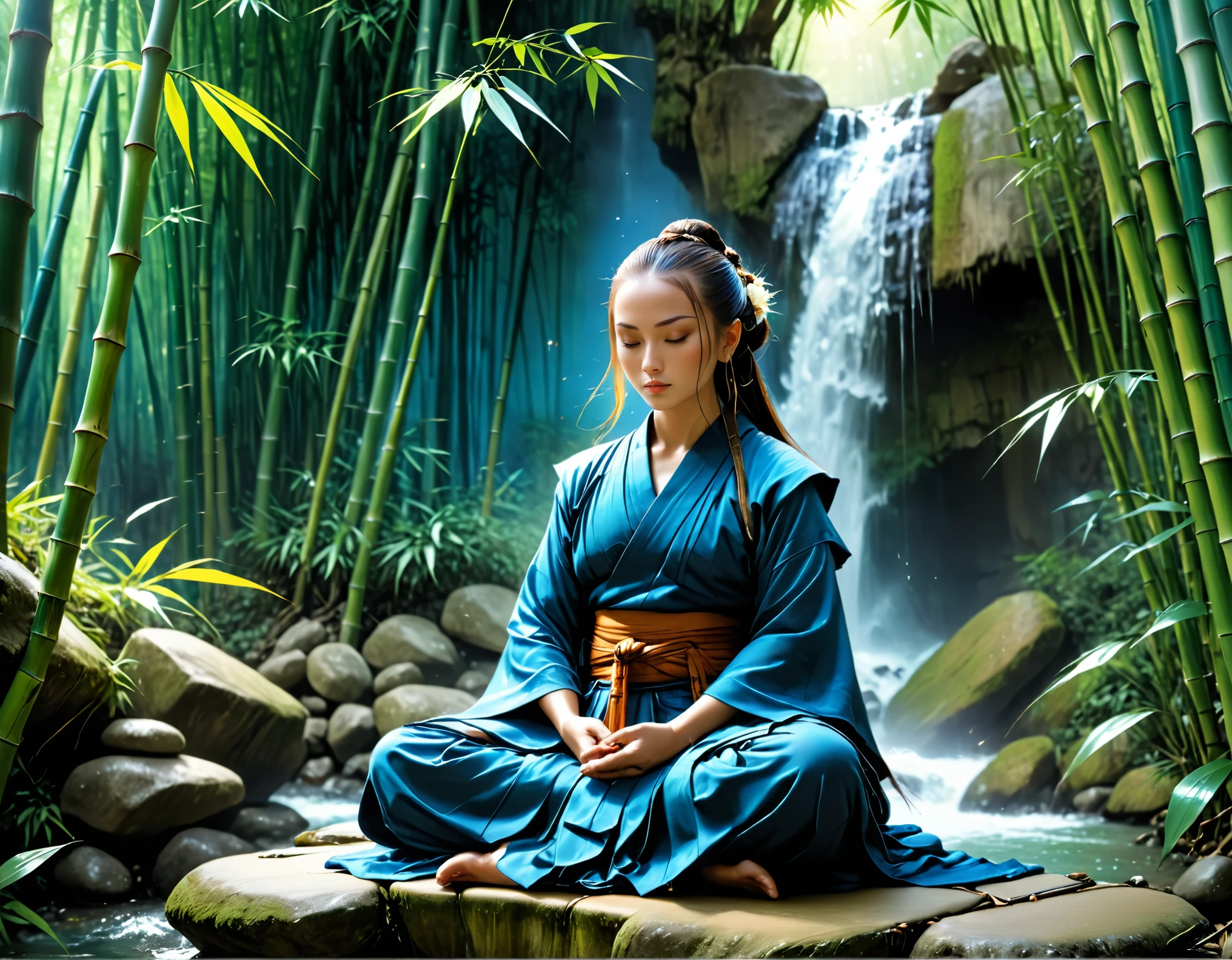 a picture of a (female monk: 1.2) sitting and meditating near a waterfall in a bamboo forest,  there is a human woman monk wearing monk garbs, (epic sized waterfall: 1.3), dynamic hair color, long hair, full body (best details, Masterpiece, best quality :1.5), ultra detailed face (best details, Masterpiece, best quality :1.5), ultra feminine (best details, Masterpiece, best quality :1.5), exquisite beautiful (best details, Masterpiece, best quality :1.5) dynamic hair color hair, long hair, wavy hair, pale skin, dynamic eyes color, intense eyes, water coming down from a volcanic cliff, she is sitting in a rich epic bamboo forest, clear water in many hues of blue and azure, it is the dawn of day, between night and day, the sun is rising, a time of meditation and serenity, bamboo forest background, fantasy art, photorealistic, D&D art, ultra best realistic, best details, best quality, 16k, [ultra detailed], masterpiece, best quality, (extremely detailed), ultra wide shot, photorealism, depth of field, hyper realistic painting, Cinematic Hollywood Film