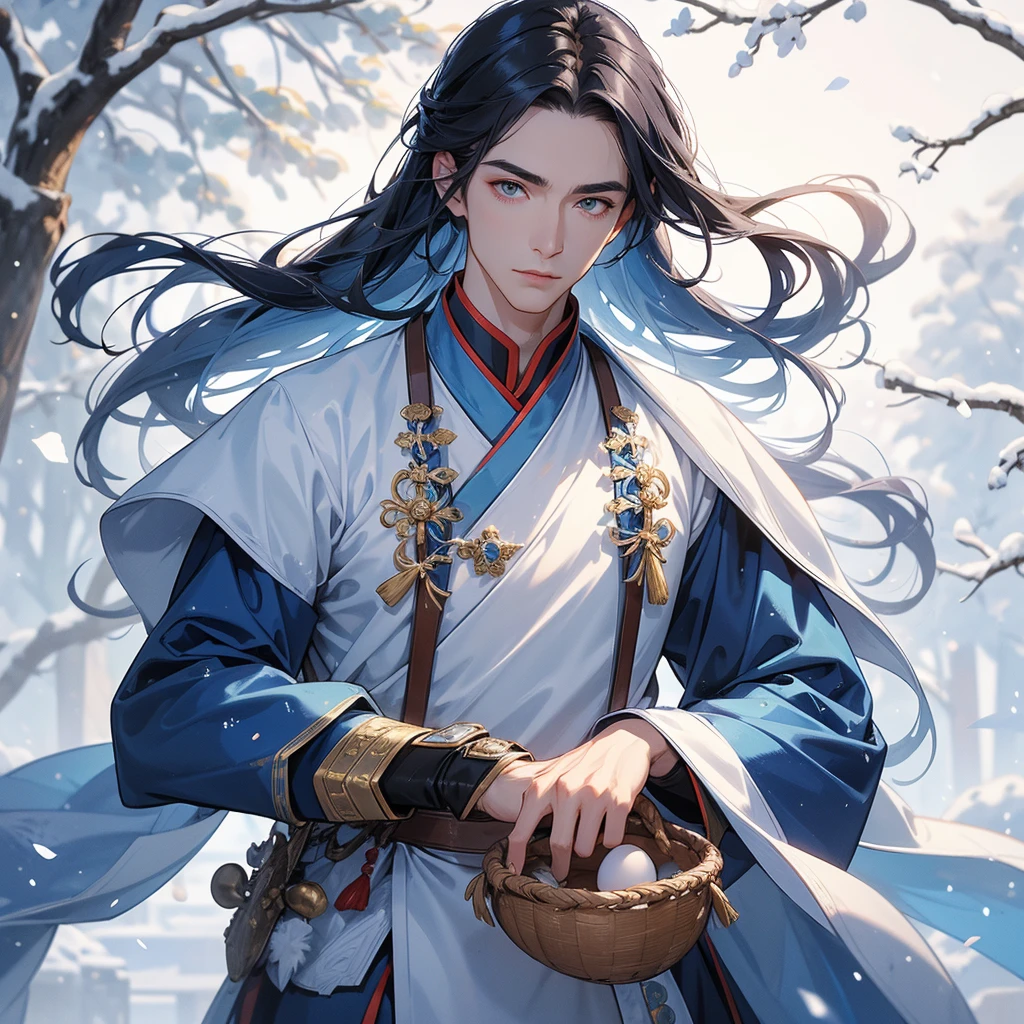 Handsome male general holding a large sword in blue ancient Chinese general costume, Walking with a woven basket full of eggs, in the middle of a snowstorm, white snow is falling, The sun shines and the sun rises, close up, The trees are covered in white snow, The snow is falling, close up.