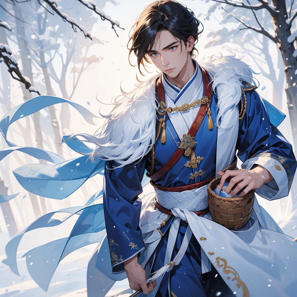 Handsome male general holding a large sword in blue ancient Chinese general costume, Walking with a woven basket full of eggs, in the middle of a snowstorm, white snow is falling, The sun shines and the sun rises, close up, The trees are covered in white snow, The snow is falling, close up.