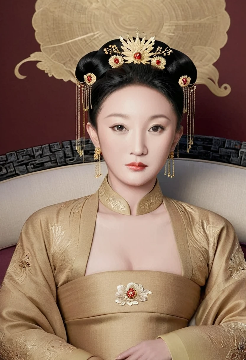 A lavish Empress from the Qing Dynasty era in China, seated on a large golden sofa, completely naked, with her large breasts and massive buttocks protruding as she faces away, her face visible.（Porn Pose） A gorgeous Chinese imperial empress with her hair tied on both sides and wearing a crown、Background of kinky and erotic woman tying her hair、The story is set in the luxurious rooms of an empress in the Chinese imperial court during the Qing dynasty.。