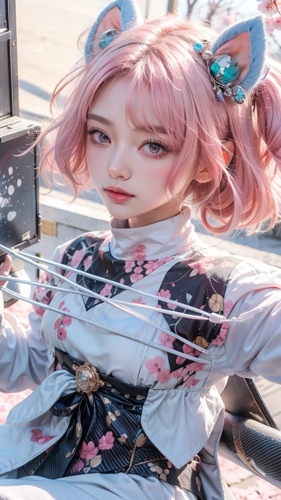 Light pink hair, pink eyes, pink and white, sakura leafs, vivid colors, white dress, paint splash, simple background, ray tracing, wavy hair