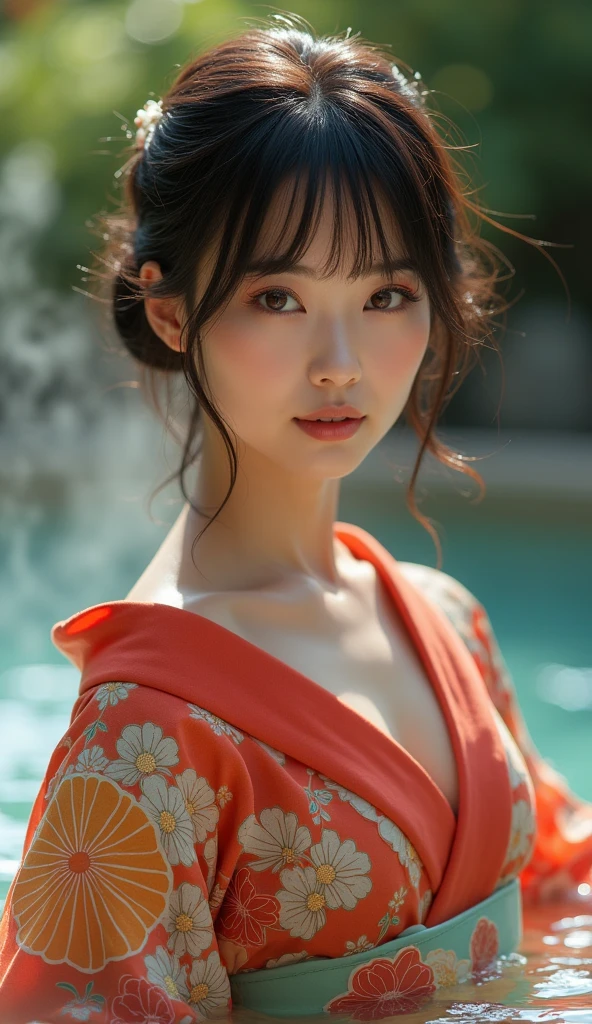 masterpiece、highest quality、High resolution、Tabletop、wallpaper、Realistic、Bright lighting、Professional Lighting、Face Light、Smooth lighting、Japanese women、Adult female、Beautiful woman、、Modeled、gravure、sexy、so beautiful、Beautiful Skin、Beautiful and detailed、Detailed face、slim、Large Breasts、Cleavage 、short hair、Brunette colored hair、Brown eyes、Looking at the camera、Japanese Kimono、Japanese Yukata、hot spring、smile