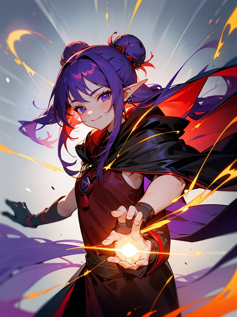 a girl,Elf,Magician,martial artist,15 years old,long red hair,long twintails,bun tou,Chinese style,short and small,Bright smile,((Deep purple cloak)),Sleeveless high-necked top,black leggings,Magic gloves,flame,Elemental magic rendering,Super details,Upper Body,movie lighting effects,best picture