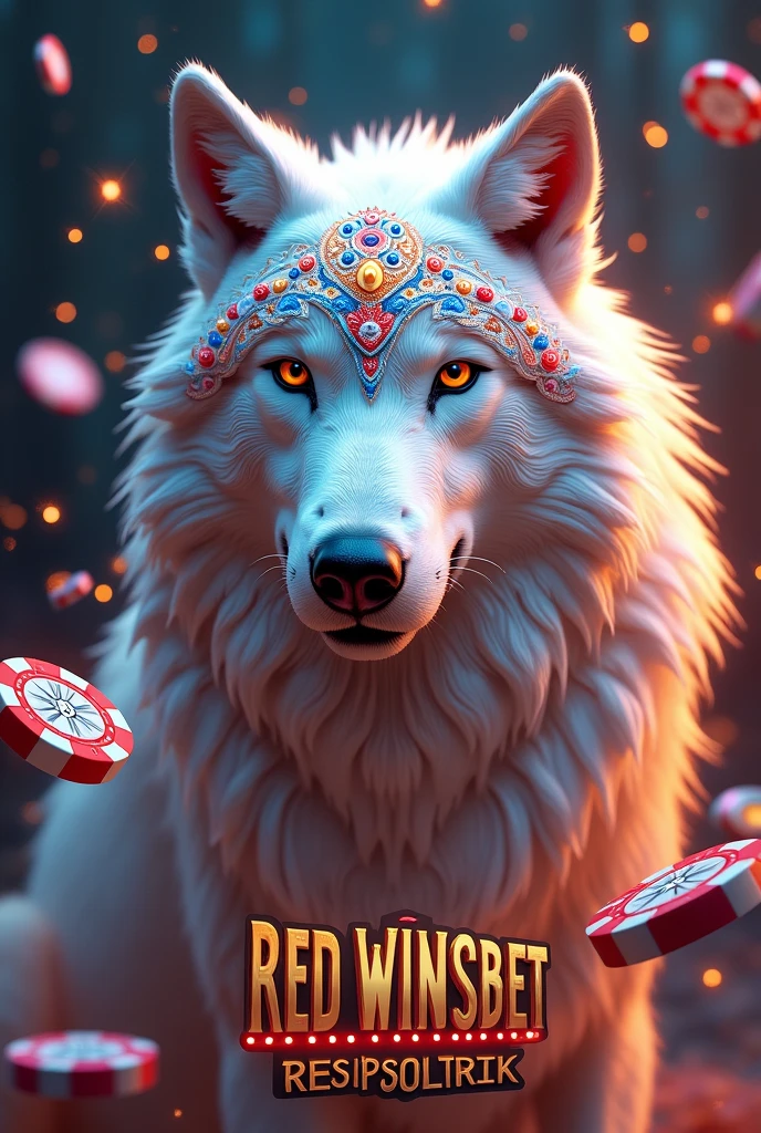 White 3D wolf with mandalas on the face in 3d that is only the face , with casino chips flying in the air against a background of sparkles, featuring a 3D phrase as a sign standing upright in large golden letters "RED WINSBET" and down "RESP SOL TRIK"