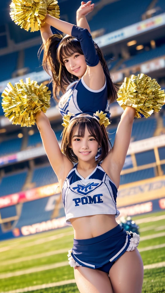 Product quality,1 girl,Cheerleader,Cowboy Shot,Young and cute Japanese,((Stadium Background:1.2)),(Holding big pom-poms in both hands:1.5),smile, cheer leading,Cheerleaderuniform,Ultra Short Short Pleated Mini Skirt,Very cute face,Glossy Lips,Beautiful big eyes,Brown eyes,Double eyelids on both eyes,(Natural Makeup),shiny smooth light brown long hair,,Asymmetrical bangs,Floating Hair NovaFrog Style,Center image,8k resolution,Attention to detail,Detailed hairstyle,Detailed face,Cinema Lighting,Octane Rendering,Ultra-realistic,(Glowing Skin, Sweaty:1.3)Perfect limbs,Beautiful legs,Voluptuous thighs,Huge breasts,Perfect Anatomy,((cheer dance pose:1.5))