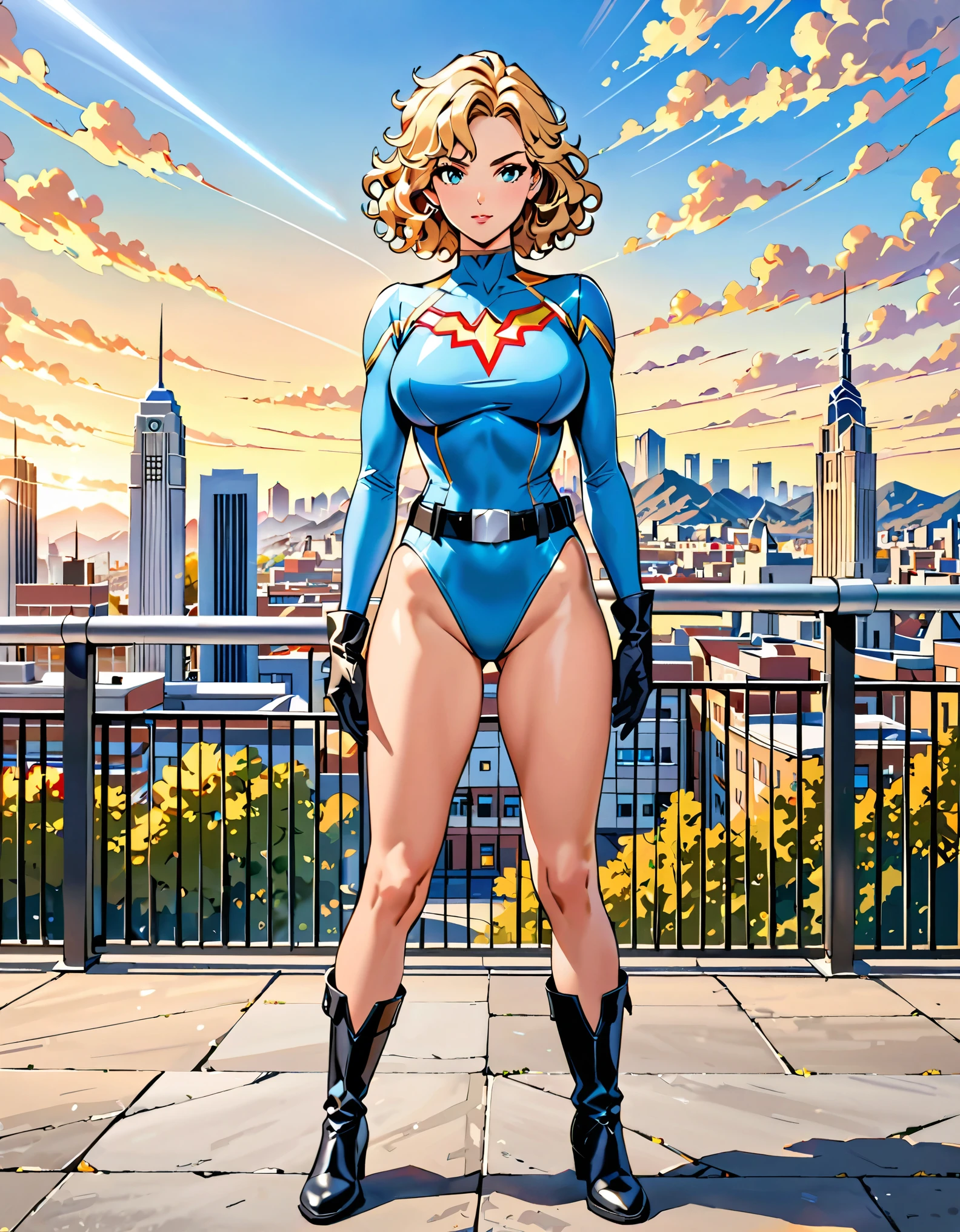 masterpiece, best quality, hires, 1girl, medium breasts, ((leotard, light blue leotard)), long sleeves, (lighting bolt /(emblem on chest/), (bare legs), ((fastened tight belt)), black boots, matching boots, black gloves, city backdrop, solo, single, standing, full body shot, cowboy shot, superhero, beautiful detailed eyes, beautiful detailed face, blonde hair, (short hair), wavy hair, high school backdrop, outdoors, mature lady, teacher, perfect body, good proportions