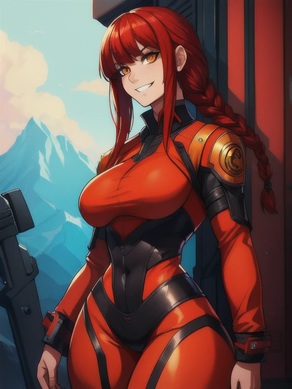 makima \(chainsaw man\), best quality, ultra detailed, 1girl, solo, standing, red hair, long braided hair, golden eyes, bangs, round breasts, wide hips, black leather suit, stare, (Evil grin:1.2), looking at viewer, color connection, colorized, vibrant color scheme, colorful, spot color, cinematography, hyperdetailed, beautiful face, 4k, HD, artstation trending on artstation,
