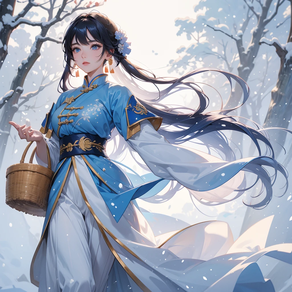 A beautiful female general holding a big spear in an ancient blue Chinese general costume, Walking with a woven basket full of eggs, in the middle of a snowstorm, white snow is falling, The sun shines and the sun rises, close up, The trees are covered in white snow, The snow is falling, close up.