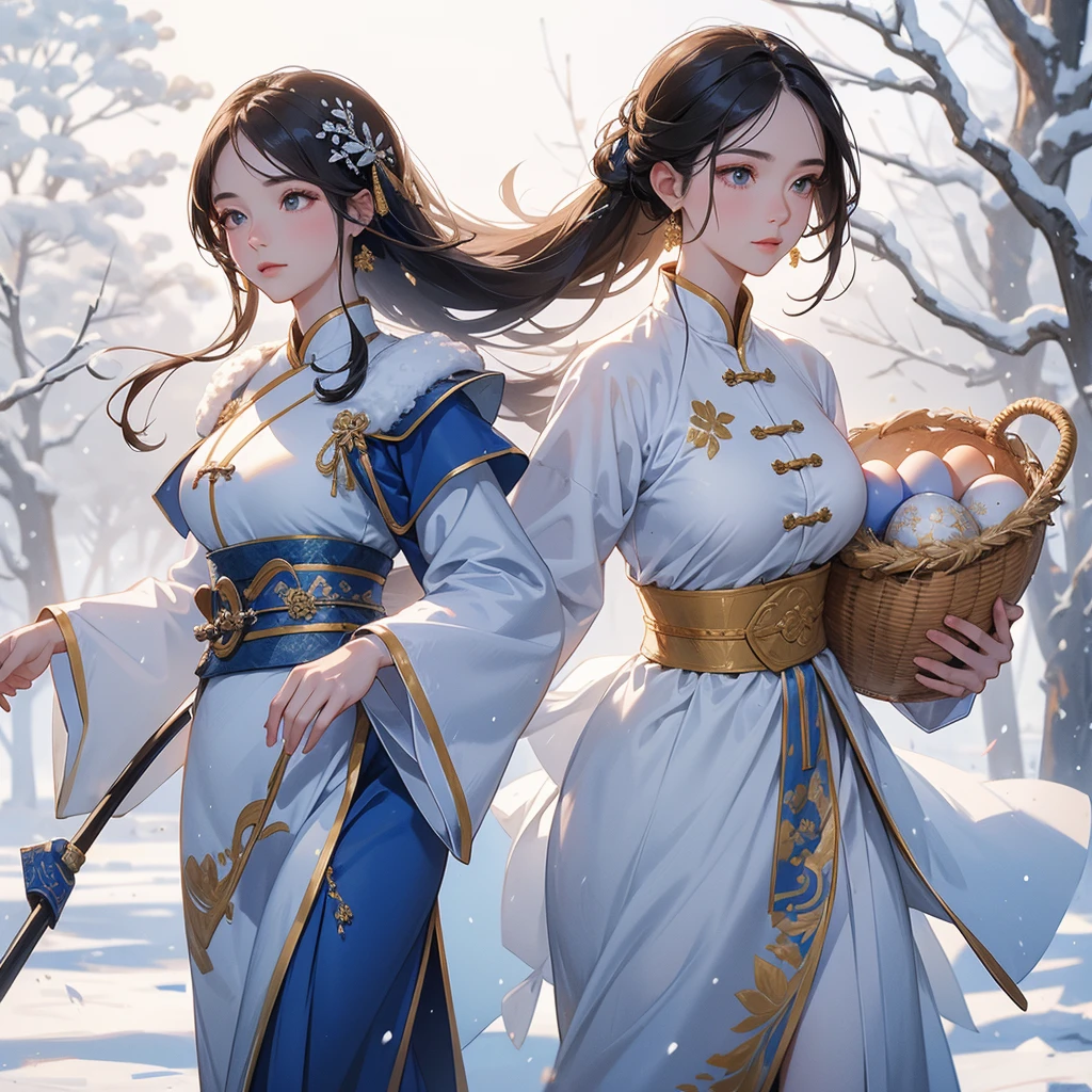 A beautiful female general holding a big spear in an ancient blue Chinese general costume, Walking with a woven basket full of eggs, in the middle of a snowstorm, white snow is falling, The sun shines and the sun rises, close up, The trees are covered in white snow, The snow is falling, close up.