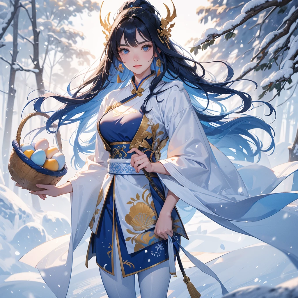 A beautiful female general holding a big spear in an ancient blue Chinese general costume, Walking with a woven basket full of eggs, in the middle of a snowstorm, white snow is falling, The sun shines and the sun rises, close up, The trees are covered in white snow, The snow is falling, close up.
