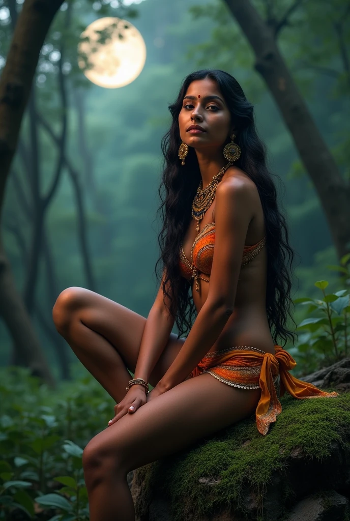a royal indian woman in a bikini sitting on a rock in a forest at midnight with moonlight falling on her