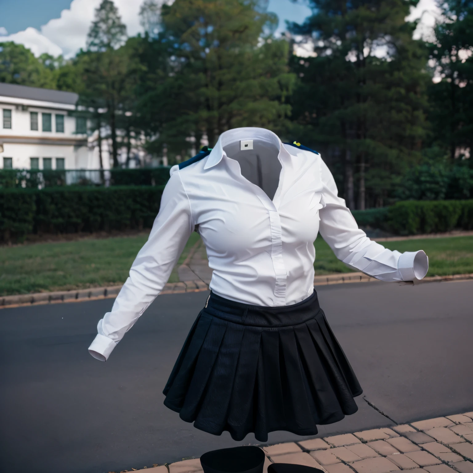 (invisible, no humans, headless, handless, faceless:1.5),cute big breasts, dynamic angle, white shirt, pleated skirt, striped necktie, collared shirt, black jacket, black skirt, long sleeves, school uniform, black socks, sarashina ruka, best quality, high resolution, (8k, RAW photo, best quality, masterpiece:1.2), (realistic, photo-realistic:1.37), photon mapping, radiosity, ((Hasselblad photography)), physically-based rendering