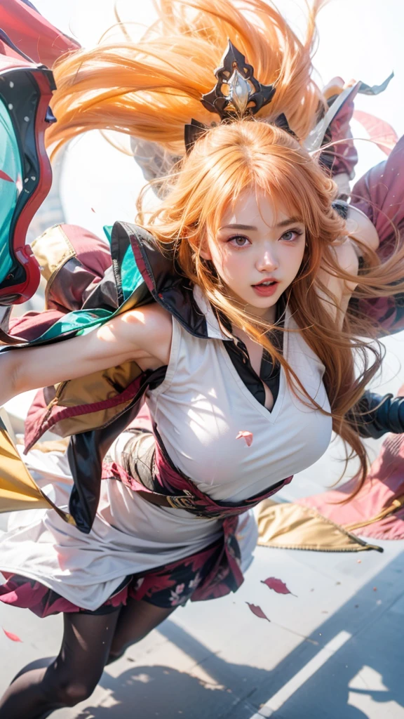 Light orange hair, pink eyes, pink and white, sakura leafs, vivid colors, white dress, paint splash, simple background, ray tracing, wavy hair