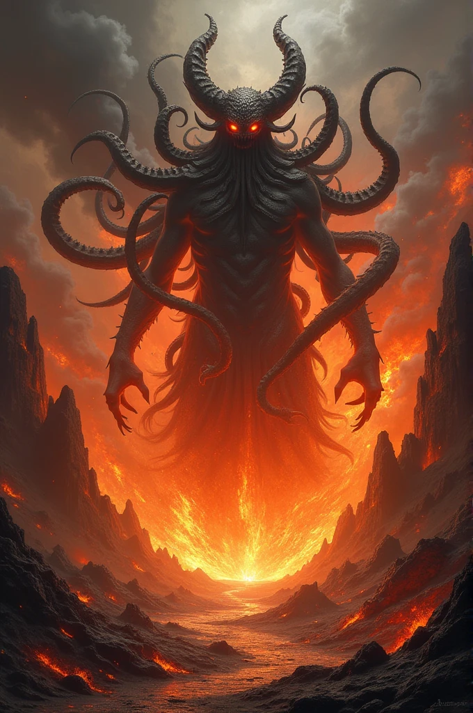 The tentacled Iblis had a face as hideous as could be, he was the demon god of sparks of fire constantly surrounded him, his body was as tall as a mountain