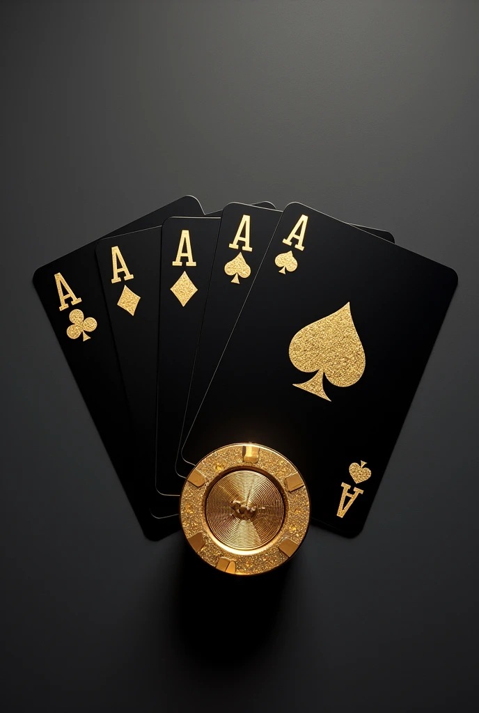 I need images in 8k resolution in PDF format for a mobile phone wallpaper of a golden deck of cards with a black background mixed with gold.
But something simple with the cards of the deck in black and the symbols in gold, but only with the 4 Aces.
Simple background in a black, slightly gray color with poker chips in black with gold at the base of the cards, as if the cards were on a table and the poker chips at the bottom of it, with a top view of the cards. Do it with the 4 Aces of the 4 different suits.