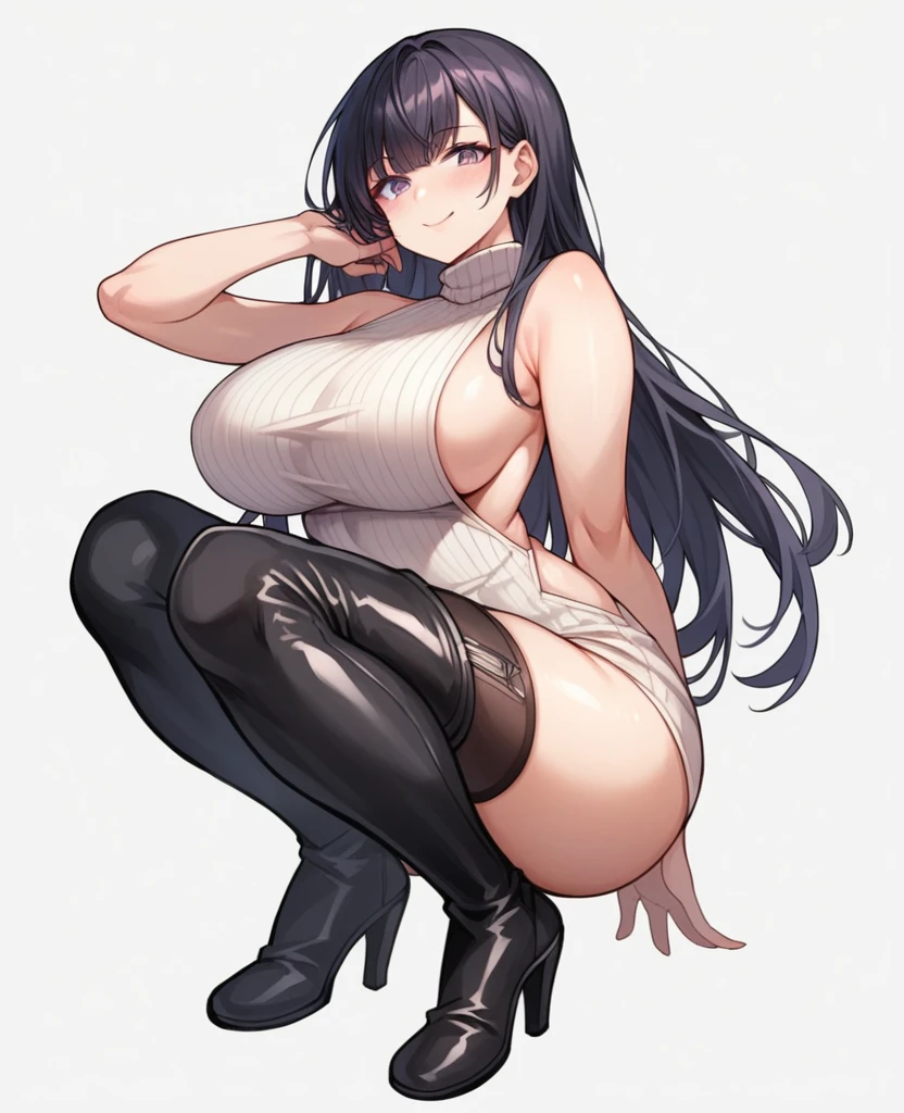 1girl, solo, long hair, breasts, looking at viewer, blush, smile, bangs, large breasts, simple background, black hair, thighhighs, white background, dress, bare shoulders, closed mouth, purple eyes, full body, boots, sleeveless, black thighhighs, armpits, black footwear, high heels, sweater, bare arms, sideboob, turtleneck, thigh boots, squatting, fishnets, high heel boots, meme attire, backless outfit, turtleneck sweater, white sweater, sleeveless turtleneck, sweater dress