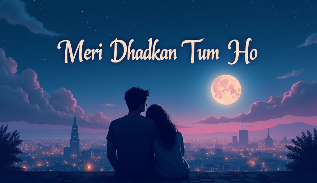 For the thumbnail prompt:

**Description:** A dreamy, romantic scene at night with a couple sitting close together on a rooftop under a starry sky. The city below is softly lit with glowing lights, creating a serene atmosphere. The couple is silhouetted against the night sky, with the girl resting her head on the boy’s shoulder. A soft, glowing moon is visible in the background. The title "Meri Dhadkan Tum Ho" is written in elegant, cursive Hindi script at the top, with subtle lofi waveforms blending into the background. The colors are warm and muted, with a gentle blend of blues, purples, and soft pinks to evoke a romantic and soothing mood.