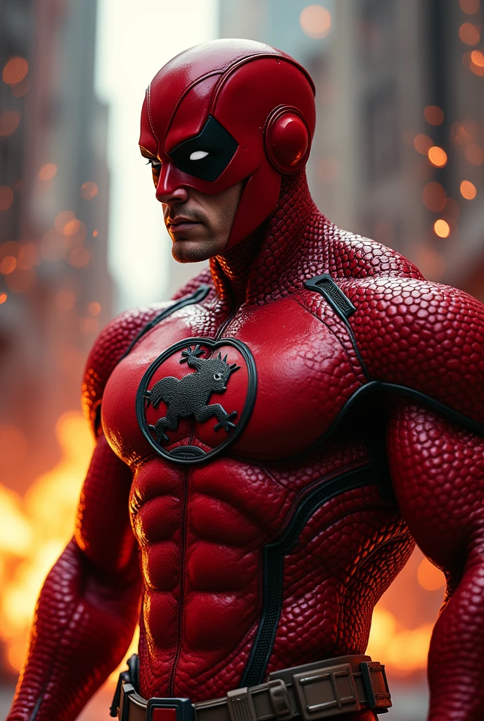 a man wearing a red superhero costume,. Red helmet highly detailed, dynamic pose, high quality, photorealistic, intricate costume design. Detail costume. Honeycomb design, musculature, strong lighting,lizard hero cinematic angle, dramatic shadows, vibrant colors, comic book style. Circle logo on chest. Lizard logo on chest.