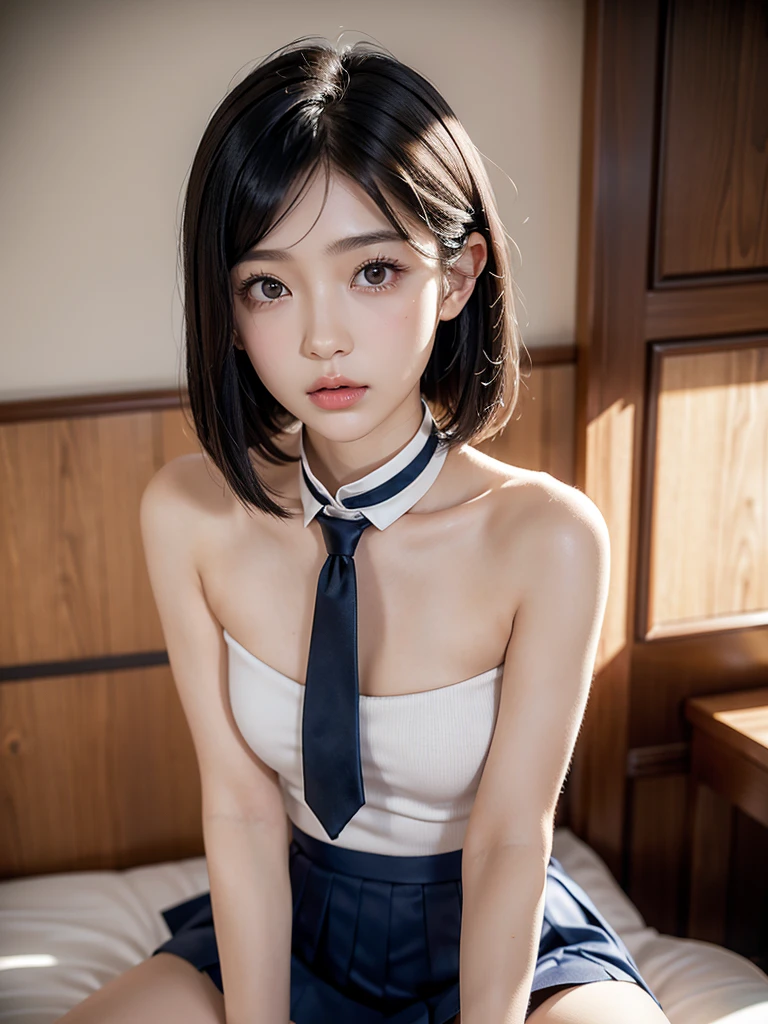 Highest quality、Ultra-high resolution、(Realistic)、18-year-old girl、((((school uniform open))))、((((I can see her nipples)))),Hyper Detail、Super Realistic、(Realistic)、More about beautiful skin、(masterpiece:1.0)、(Highest quality)、(Ultra-high resolution)、8K resolution、Canon EOS R5、135mm、Absurd、Very detailed、Sharp focus、Fine skin、(((Chirarizum、Small breasts)))