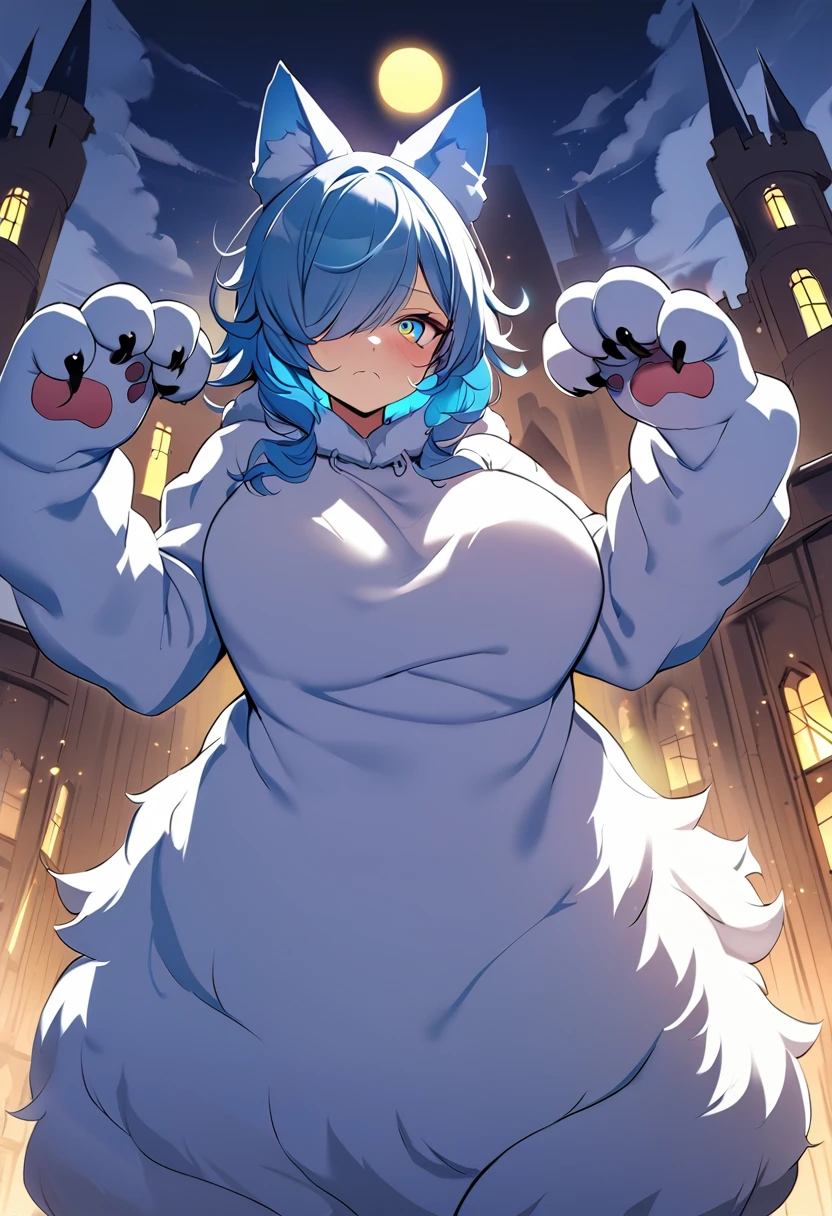 ((best quality, high-quality)), In anime style, ((Wolf Kemomimi Girl)), Solo, ((Big breasts)), ((Mizuiro Hair Berry Berry Short,Blue inner color)), (((Hair over one eye))), (((Yellow and Blue Odd-Eye:1.5))), plump shiny lips, Beautiful clear eyes, Spoken Heart,(((Fluffy, Big Hand Wolf Costume:1.5))), embarrassed, (dynamicposes:1.4), (((Show me your paws, Gao's Pose:1.5))), (Suspicious light, rays of moonlight:1.4), (Moon and castle background), (Blue Full Moon:1.2), Fantasy Worldwide, high-angle shot, masutepiece,Best Quality,ultra-detailliert, masterpiece,