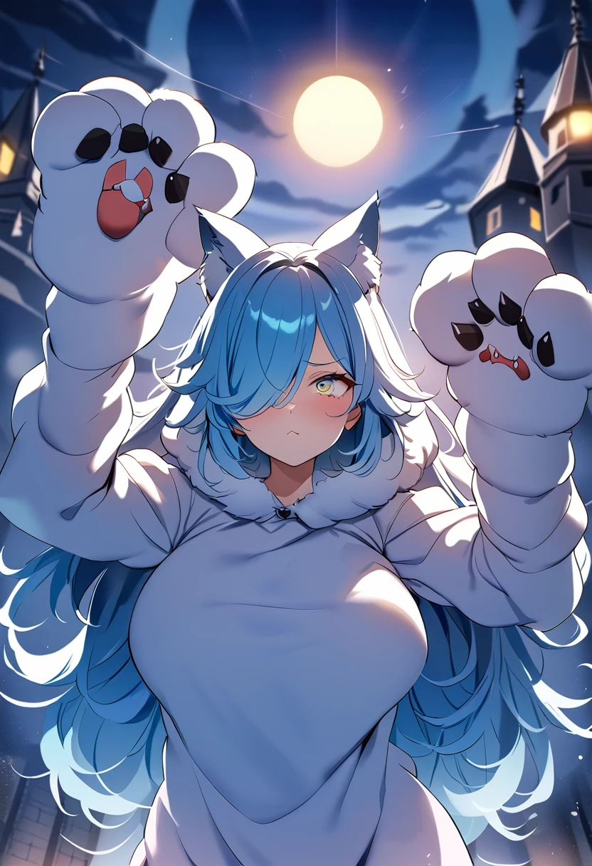 ((best quality, high-quality)), In anime style, ((Wolf Kemomimi Girl)), Solo, ((Big breasts)), ((Mizuiro Hair Berry Berry Short,Blue inner color)), (((Hair over one eye))), (((Yellow and Blue Odd-Eye:1.5))), plump shiny lips, Beautiful clear eyes, Spoken Heart,(((Fluffy, Big Hand Wolf Costume:1.5))), embarrassed, (dynamicposes:1.4), (((Show me your paws, Gao's Pose:1.5))), (Suspicious light, rays of moonlight:1.4), (Moon and castle background), (Blue Full Moon:1.2), Fantasy Worldwide, high-angle shot, masutepiece,Best Quality,ultra-detailliert, masterpiece,