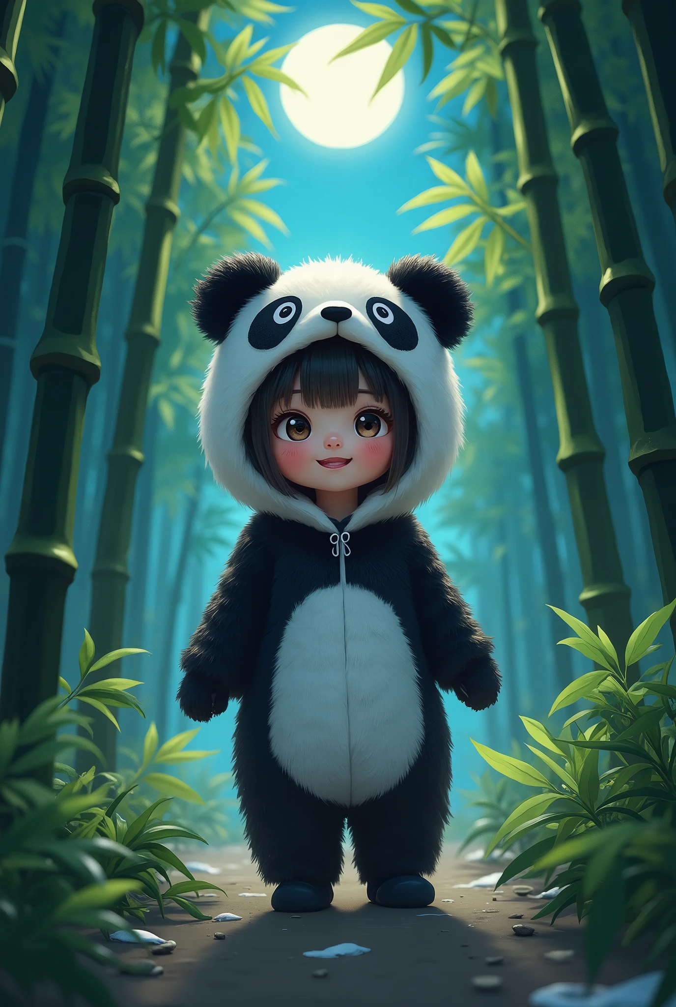 Masterpiece, Best Quality, Super Detailed, High Definition, Realistic, Depth, Fine Texture, Super Fine, BREAK, A cute girl, wearing a panda costume, with fluffy black-and-white fur details, large panda ears on the hood, and a playful expression on her face, BREAK, A lush bamboo forest, tall bamboo stalks surrounding the girl, vibrant green leaves, with the atmosphere set in twilight, the deep blue sky creating a serene and mystical feeling, BREAK, Soft moonlight filtering through the bamboo stalks, casting gentle shadows and creating a magical glow around the girl, enhancing the tranquil and dreamlike ambiance, BREAK, (a view from below that shows sky above and open forest below), enjoying the peaceful environment, with the moonlight accentuating her playful demeanor, BREAK, Calm, peaceful, and mystical, with a sense of harmony and whimsy, the overall scene feels tranquil and relaxing with the enchanting glow of the moonlight adding a touch of magic,