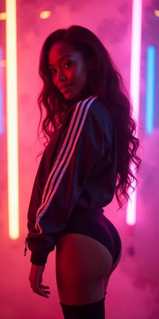 brand cover, HUGE , BIG HUGE BOOTY paired with thin tapered tiny waist, shapely dark skin Goddess, sports jacket paired with long leg warmers, volumetric fog, stunning 8 K, 🥳 , neon walls, up lit, face cinematic lit, beautiful detailed eyes, beautiful detailed lips, extremely detailed face and eyes, long eyelashes, happy expression, detailed clothing, realistic lighting, no nud