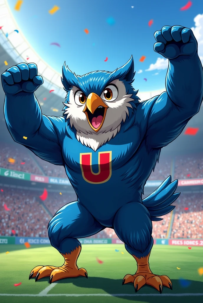  owl shaped like a human figure, anime style, The color blue, with a big U on its chest, red in color, muscular, shouting goal in a football stadium