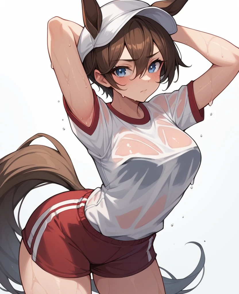 1girl, solo, breasts, looking at viewer, blush, blue eyes, simple background, brown hair, shirt, hat, white background, animal ears, hair between eyes, closed mouth, tail, white shirt, short sleeves, shorts, armpits, arms up, wet, white headwear, horse ears, horse girl, arms behind head, horse tail, gym uniform, wet shirt, red shorts, tracen training uniform