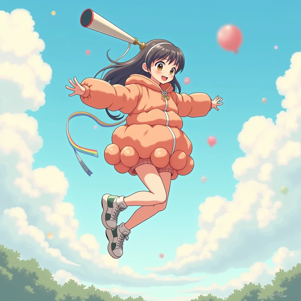 The person is jumping。
Wearing a balloon suit、They are flying with the wind。
She's wearing a light orange jacket。
The zipper is open and a rainbow can be seen on the inside.。He's wearing large sneakers。jumping towards a bright future, their eyes shining with anticipation for what lies ahead。
She's wearing a short skirt。The skirt has many spheres on it, and it looks soft。
A large telescope that seems to be able to see far away hangs from their neck.。It's an anime-style drawing。
The hair is long。