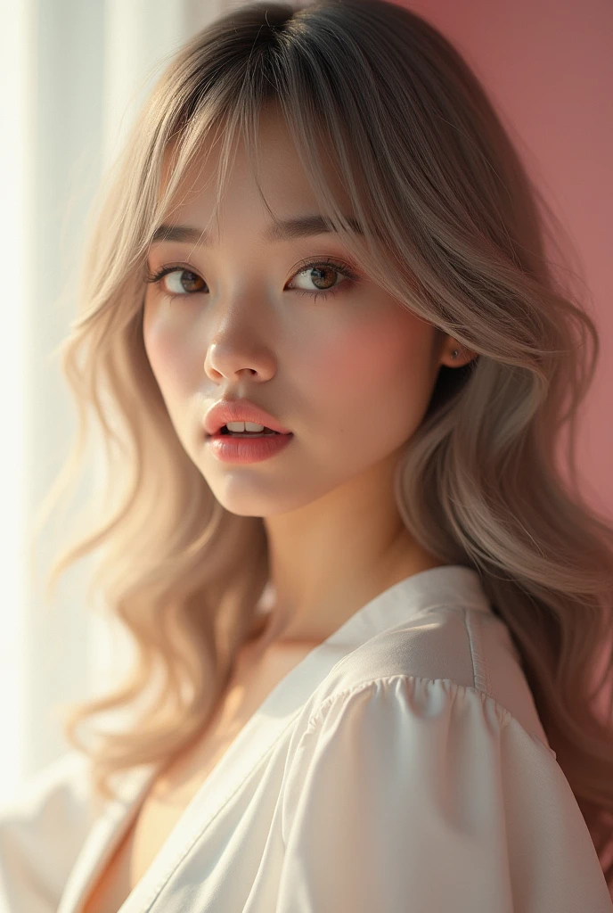 женщина с длинными волосами и в белом топе posing фотографу(((ultra realist))) photoshot, masterpiece, top quality, (pale skin), (ultra-detailed face and eyes:1.3), 1 girl, adult, im T-Shirt, (Eye make up, mask) , ((size, Detailed Lips)), ((ashy wavy hair)), ((bangs)) , (Natural breasts), thin waist. ((posing)), photoshot-Shooting, studio (Soft lighting), (The play of light and shadow), depth of field, Hips, (Special attention to leather details: 1.2), detailed skin structure, Hautporen. (Airy atmosphere of the frame. The coloring is delicate., bright, White, Pink tones), dr, ((The granularity)), ((Rays)), ((bright солнечный свет)), ((hip-length portrait, close to the camera)) , extremely detail,