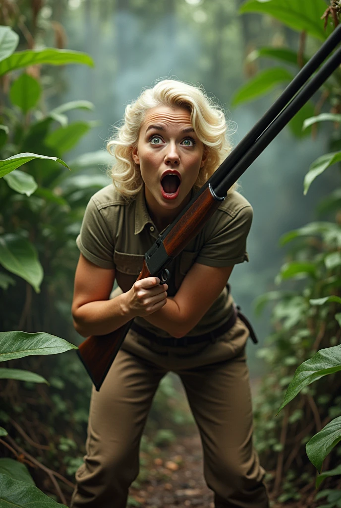 bent over , Big butt , is 1940 , We see the girl from behind, she looks at the viewer, , hilarious cinematic scene of a young, talented actress resembling Doris Day, dressed as a poacher in the heart of the jungle. She is bent over, wearing long pants and a hunter's shirt, and holding a rifle. The edges of a big hole in her pants in butt área have charred marks, and there's a significant amount of smoke emanating from her backside. Her platinum blonde hair is short and sleek, and she appears to be around 30 years old. In a sudden moment of slapstick comedy, the actress screams in pain, her eyes and mouth wide open, revealing a massive hole in her pants from a shotgun accident. The scene is captured in stunning 4K high definition, with the jungle as a backdrop, and a comedic tone throughout., cinematic