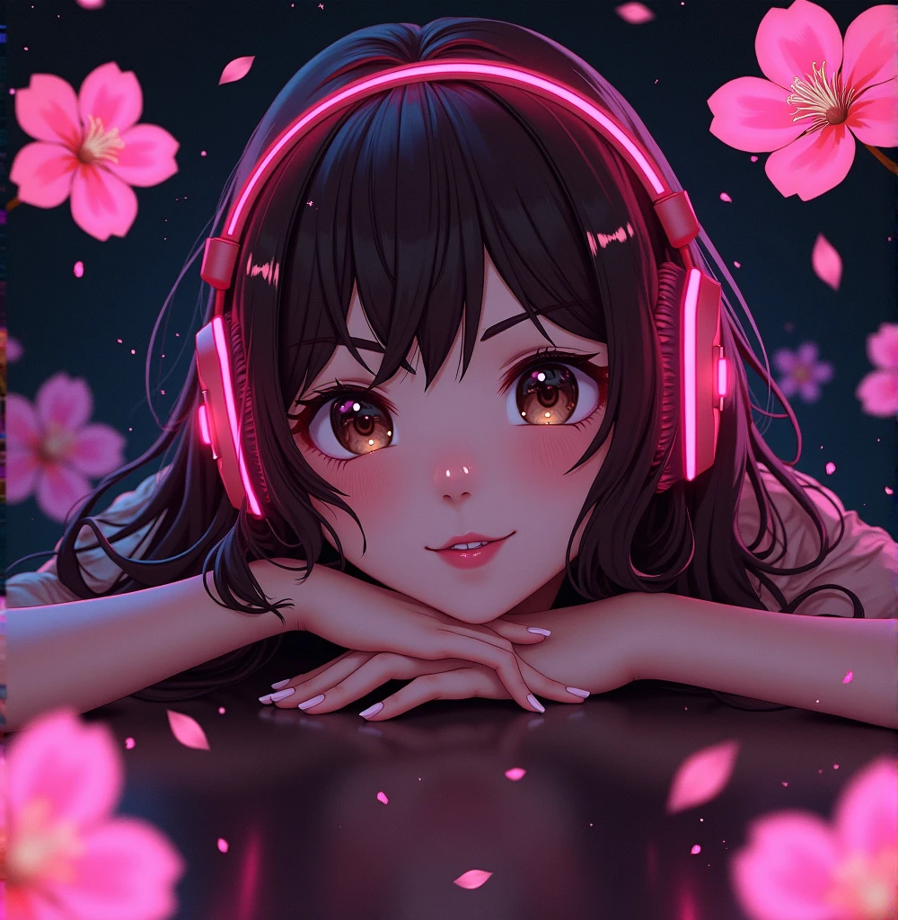 Create an avatar of a girl with gamer headphones, blonde with layered wavy brown hair, pink lips, Brown eyes. Japanese themed background with black as the dominant color, fuchsia, purple. Sakura flowers in the air, con vientos fuchsias
