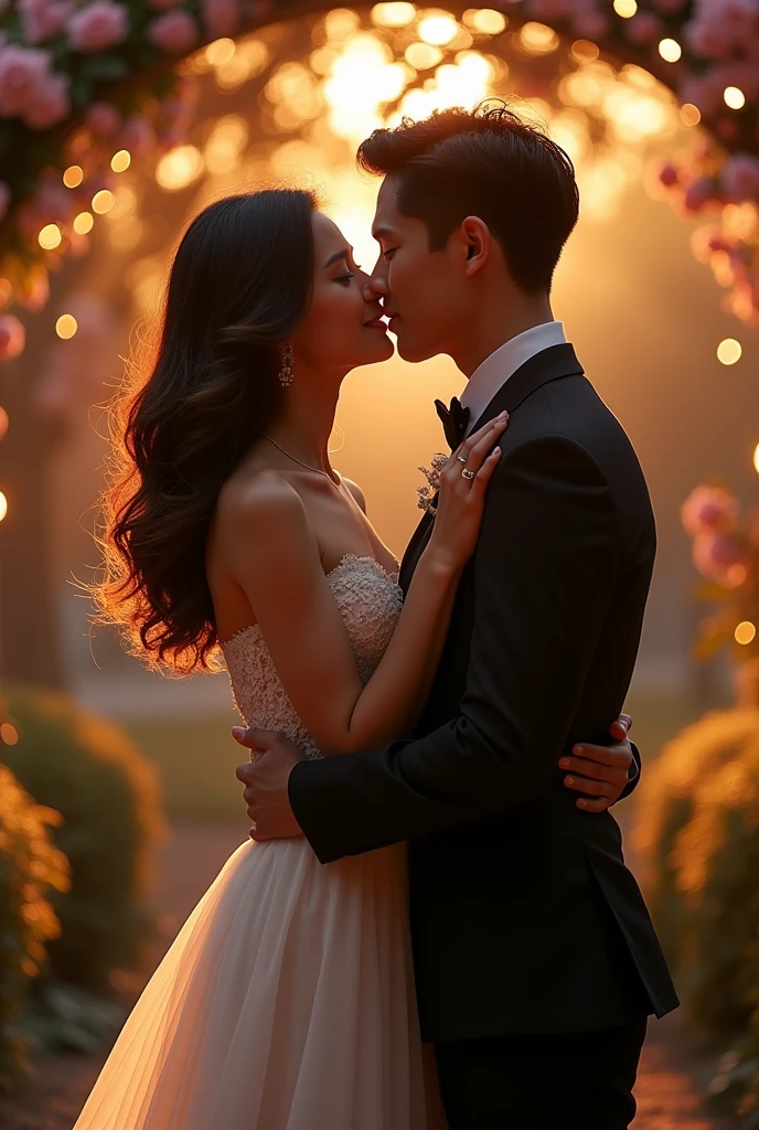 
FULL BODY PHOTO WITH 2 PEOPLE HUGGING GIVING A KISS: A brunette woman, slim, medium wavy hair and her boyfriend: Cao Cao, with formal clothes