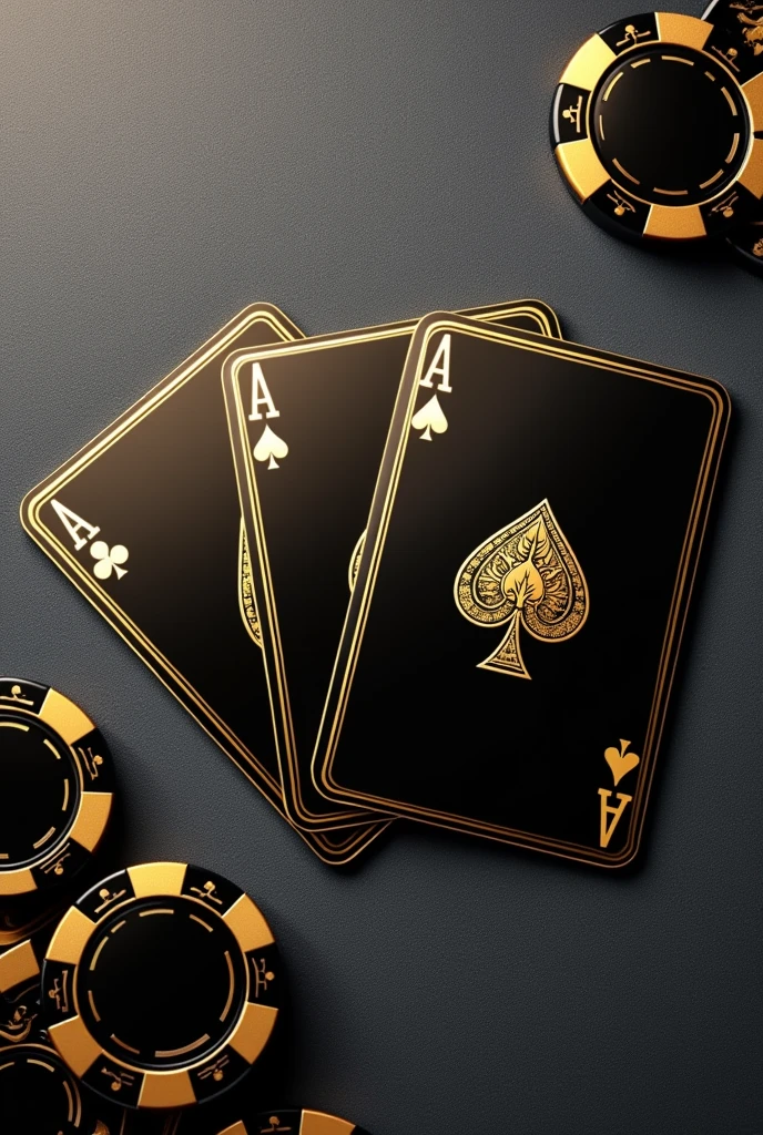 I need images in 8k in PDF format for a phone wallpaper of a golden deck of cards with a black background mixed with gold.
But something simple with 4 cards from the deck in black and the symbols in gold, but only with the 4 Aces.
Simple background in black, almost gray with poker chips in black with gold at the base of the cards as if the cards were on a table and the poker chips at the bottom of it, with a top view of the cards. Do it with the 4 Aces of the 4 different suits.