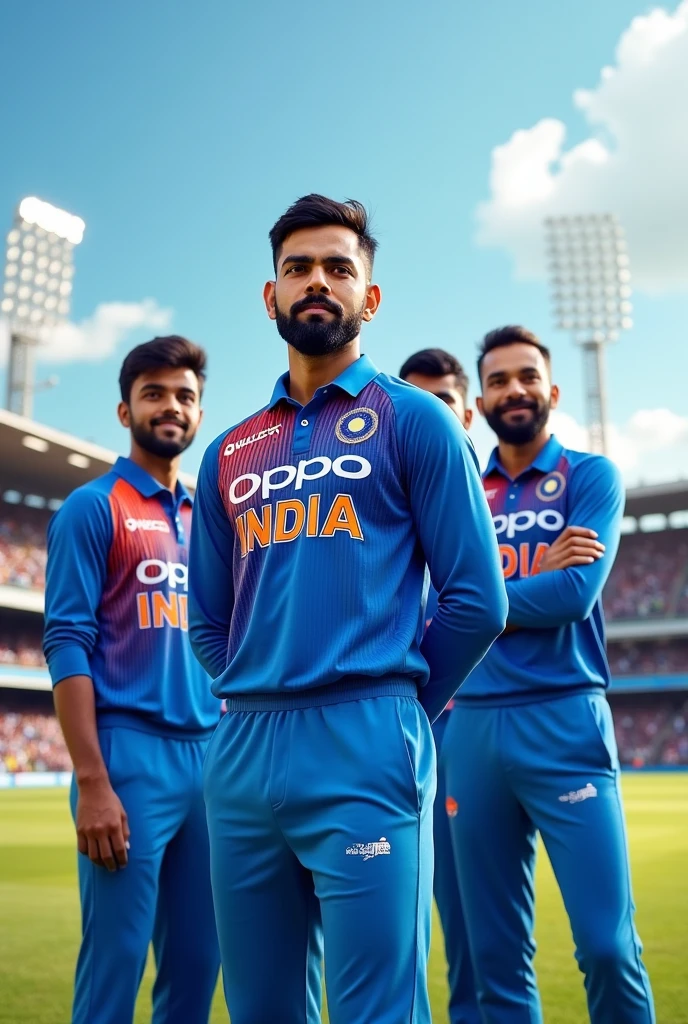 A photo of Virat Kohli, Rohit Sharma, Jasprit Bumrah, and Gautam Gambhir in Indian Test cricket jerseys generated by AI.
